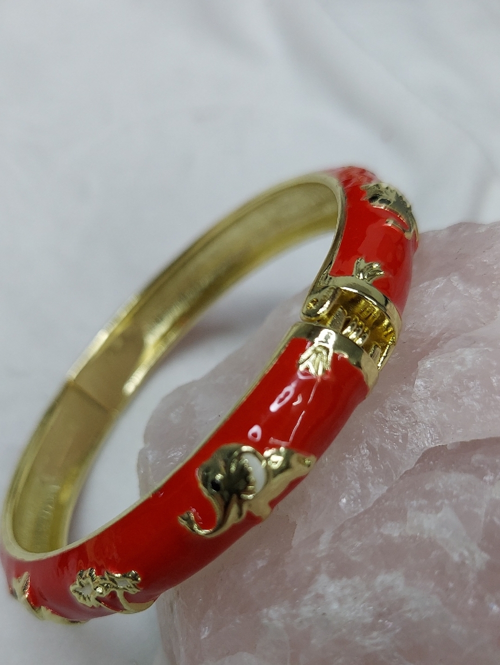 Gold-Tone Red Enamel Elephant Hinge Bangle Bracelet